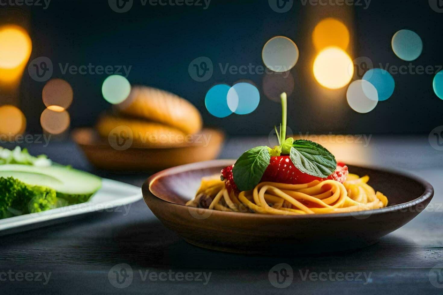 spaghetti with tomato sauce and fresh strawberries on a wooden plate. AI-Generated photo