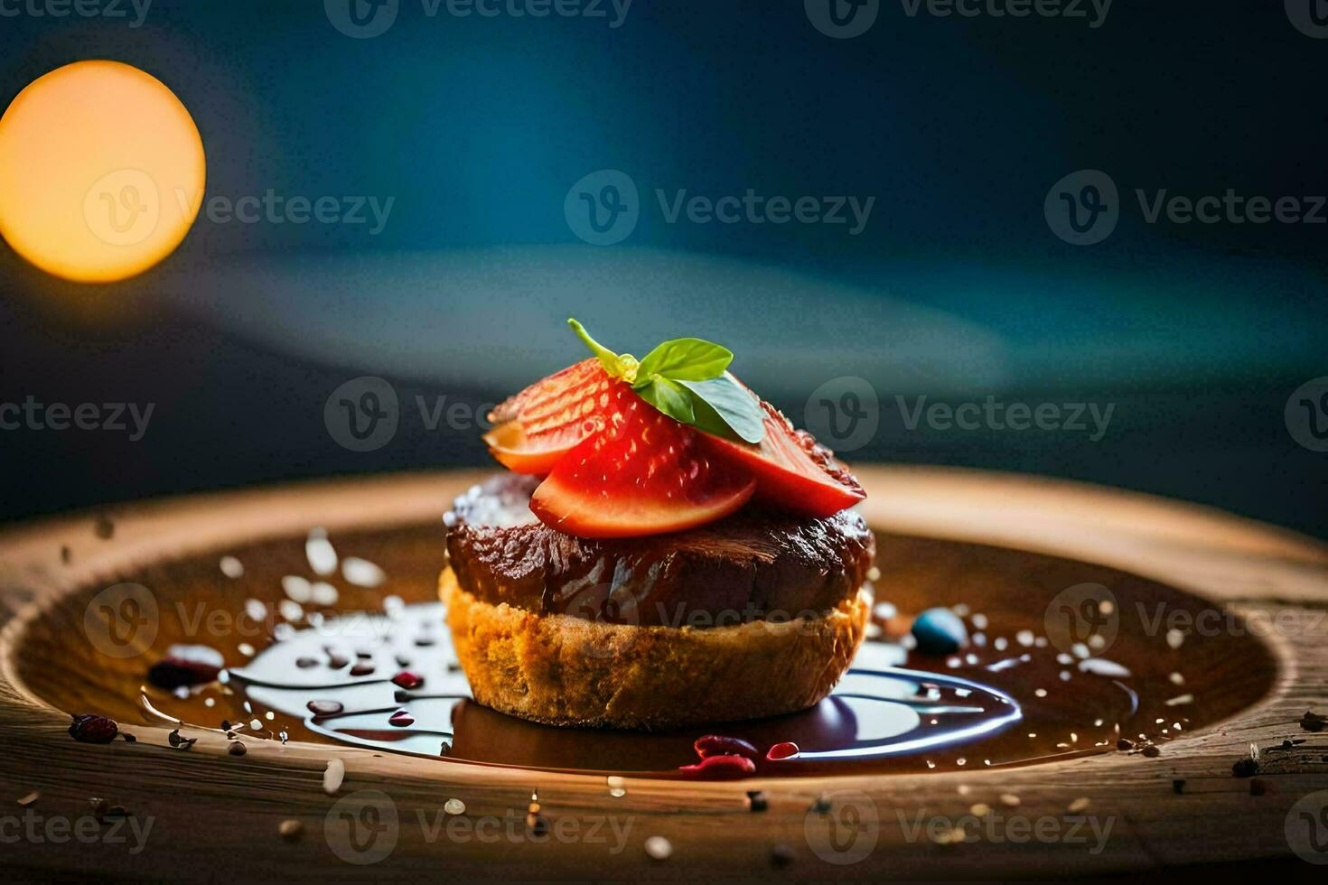 a dessert with strawberries and chocolate on a wooden plate. AI-Generated photo