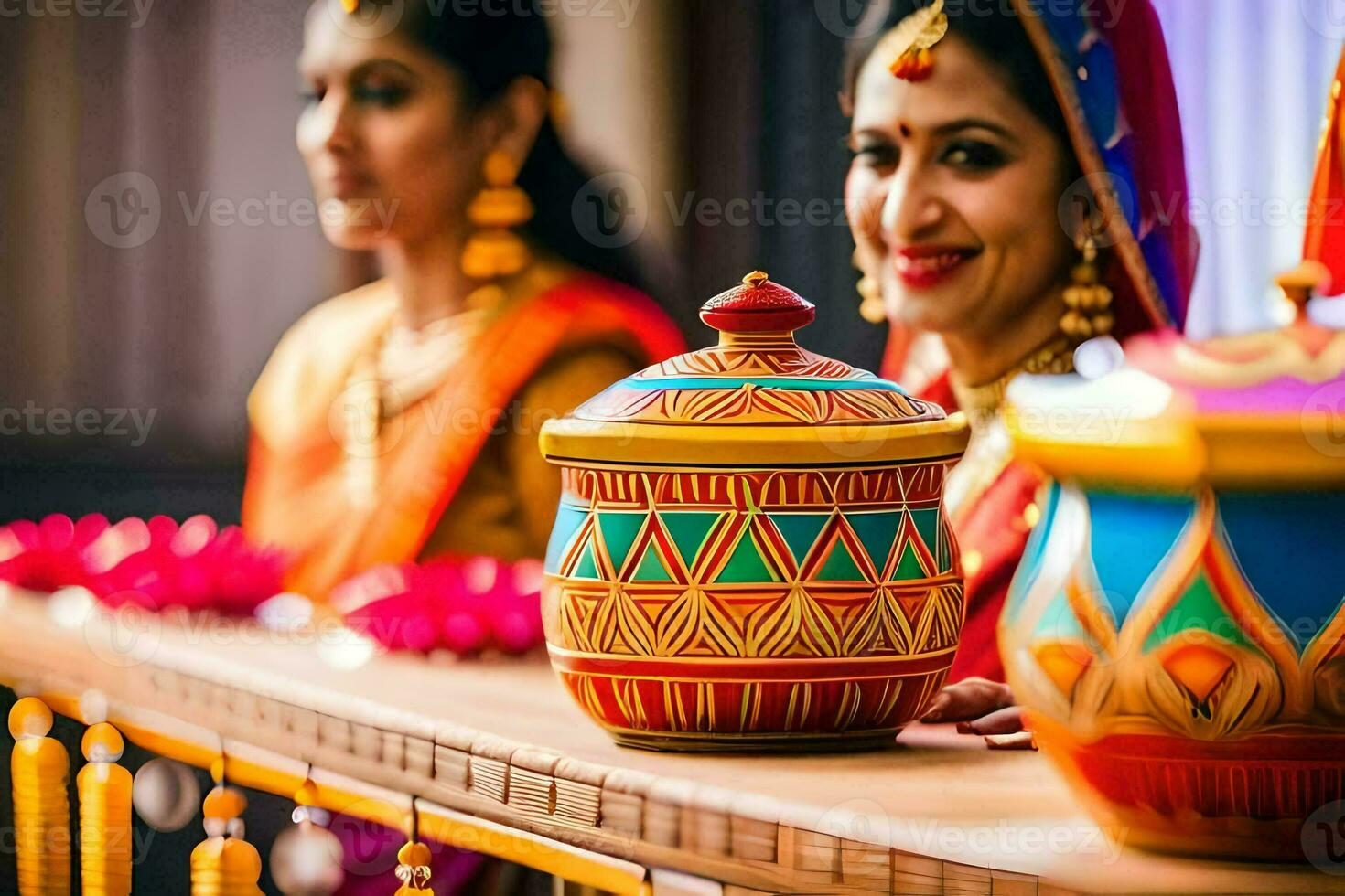 a woman in traditional indian dress is holding a pot. AI-Generated photo