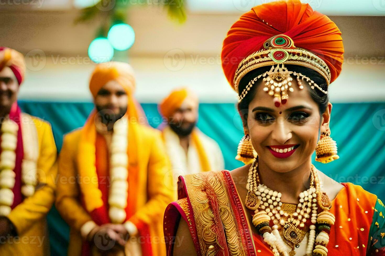 un novia en tradicional indio atuendo. generado por ai foto