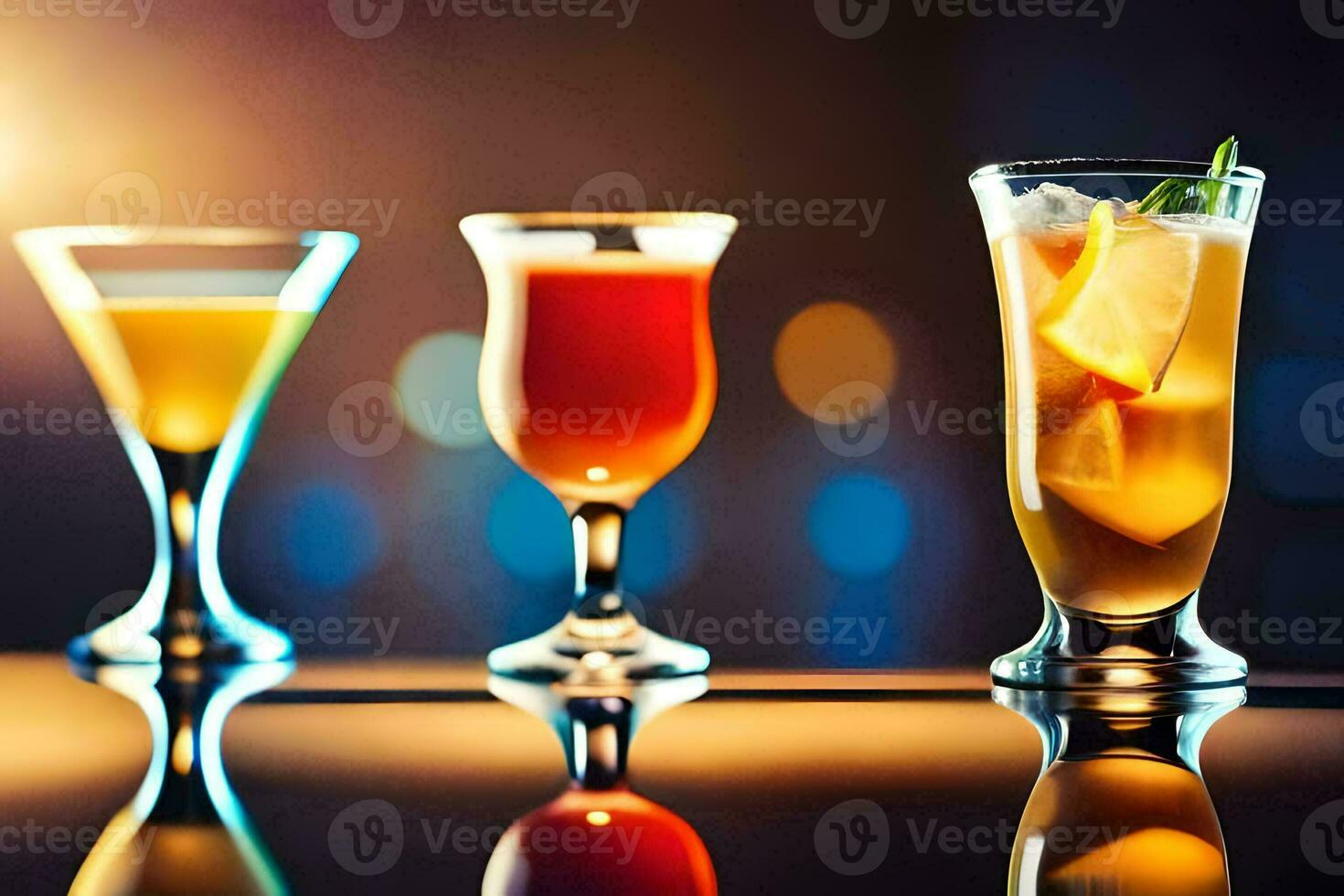 three different types of alcoholic drinks are lined up on a bar. AI-Generated photo
