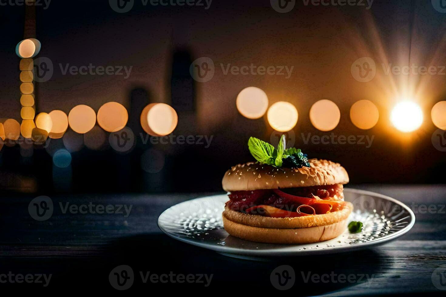 a hamburger on a plate with a cityscape in the background. AI-Generated photo