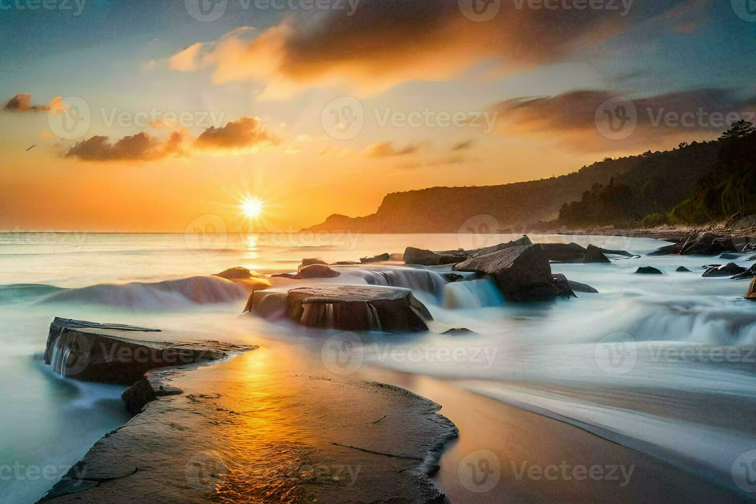 the sun rises over the ocean and rocks in the foreground. AI-Generated photo