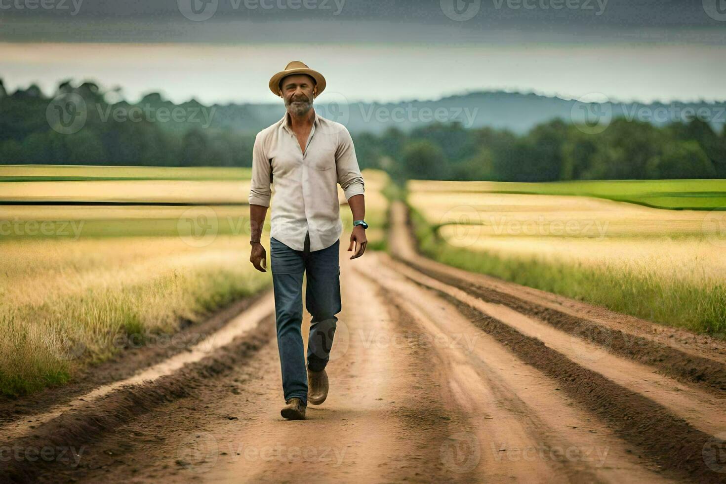 a man in a hat walks down a dirt road. AI-Generated photo