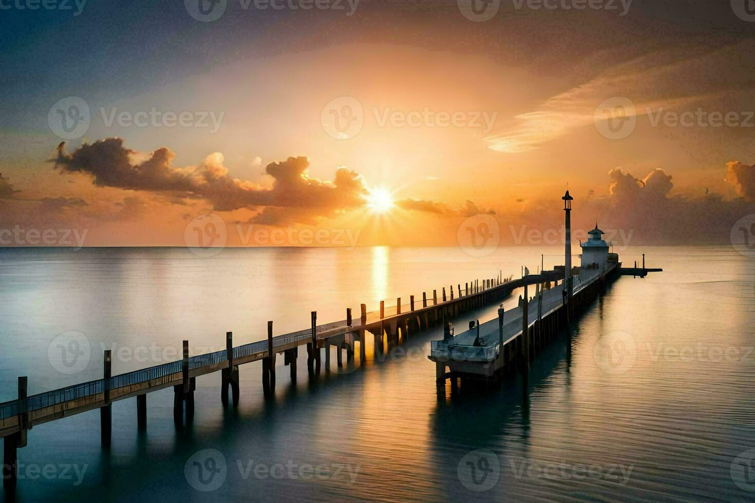 a pier with a lighthouse at sunset. AI-Generated photo