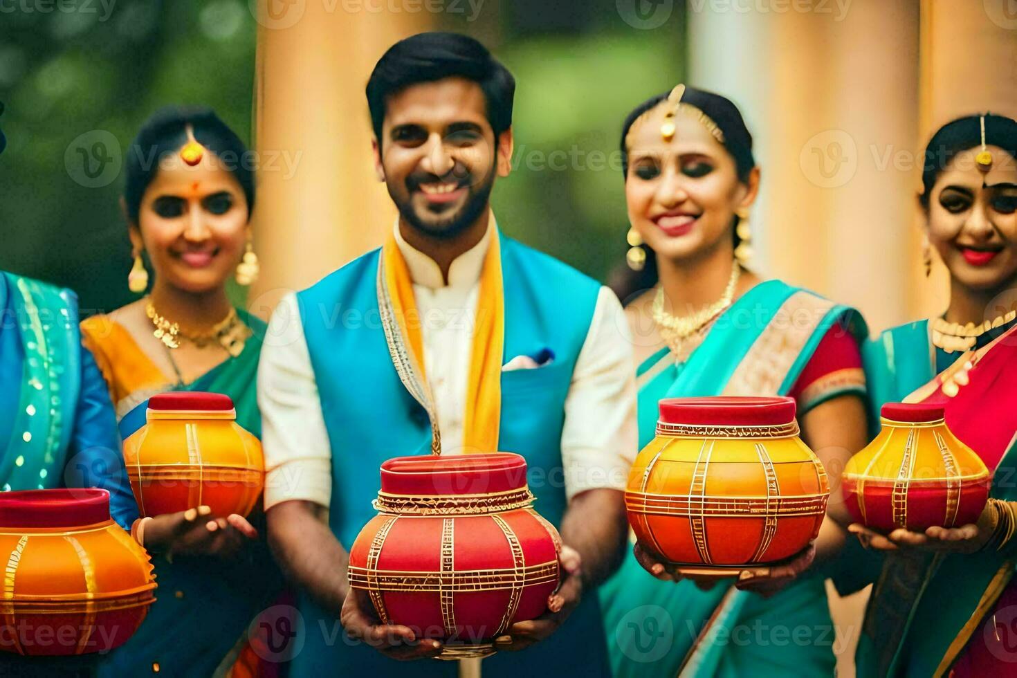 a group of people in traditional indian clothing holding pots. AI-Generated photo