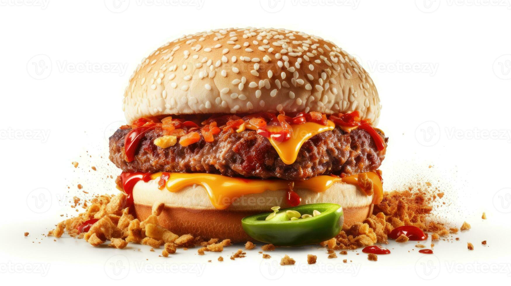 Burger in white background. Hot tasty spice meat and cheese melting hamburger. AI Generated photo