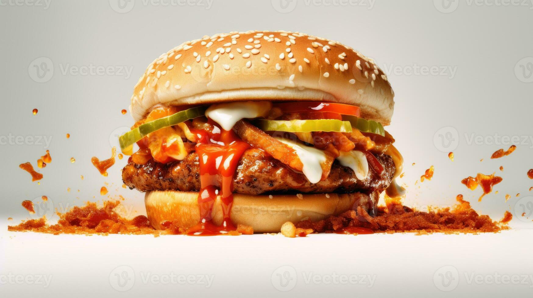 Burger in white background. Hot tasty spice meat and cheese melting hamburger. AI Generated photo