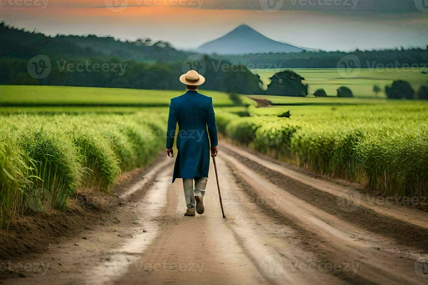 a man in a blue suit walks down a dirt road. AI-Generated photo