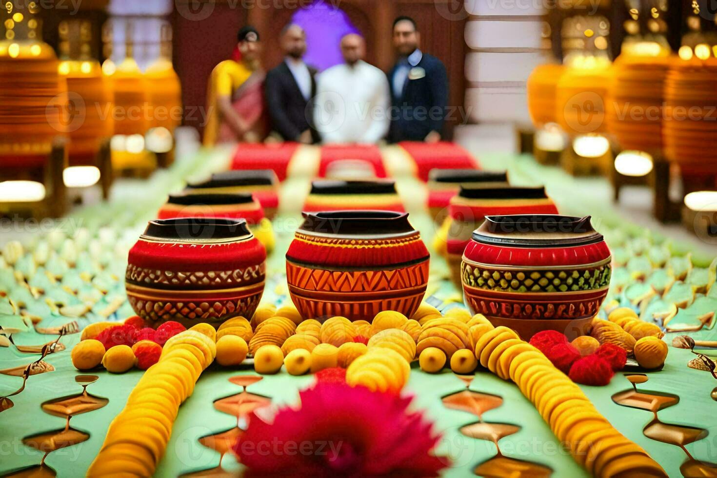 a table with colorful pots and bowls on it. AI-Generated photo