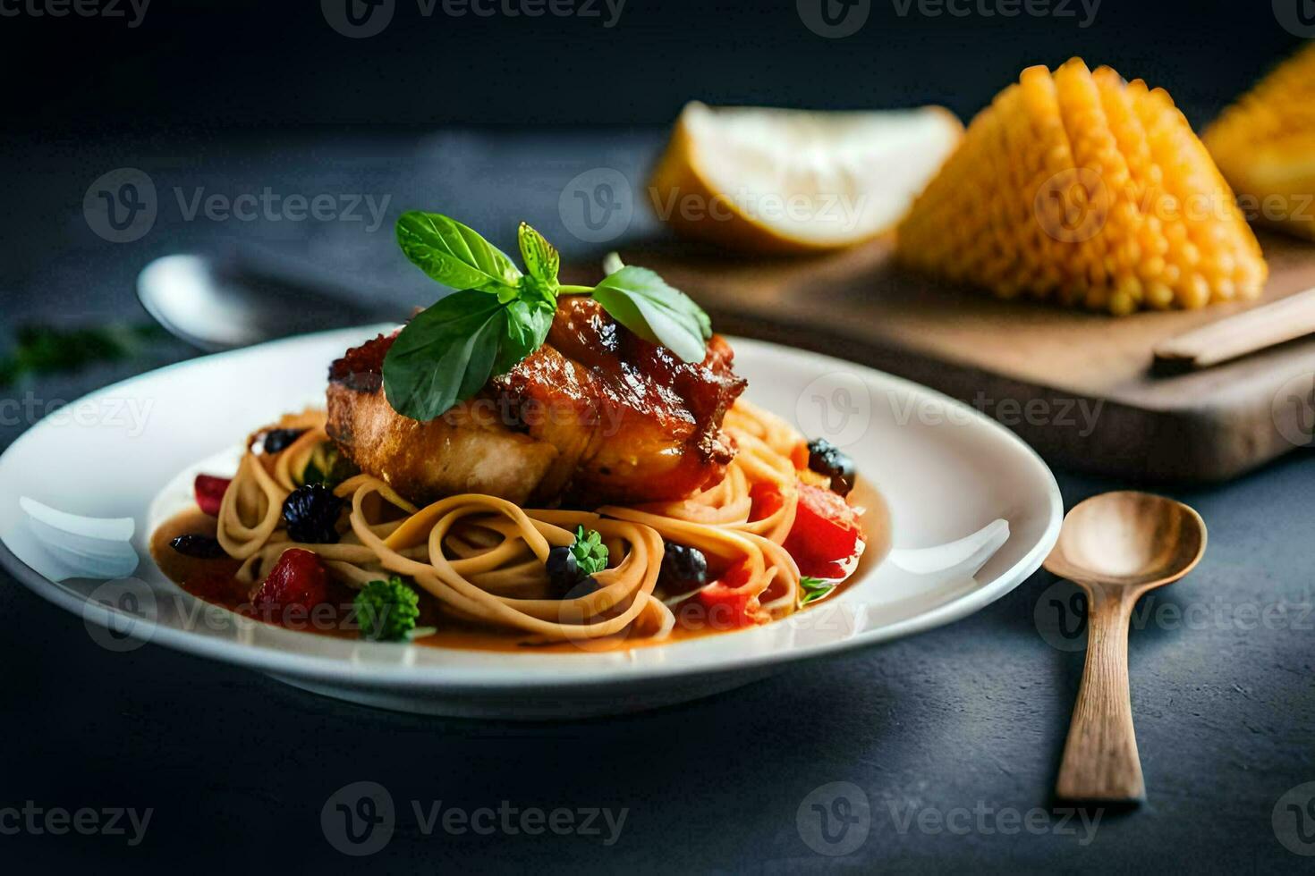 the dish is served with a spoon and a fork. AI-Generated photo