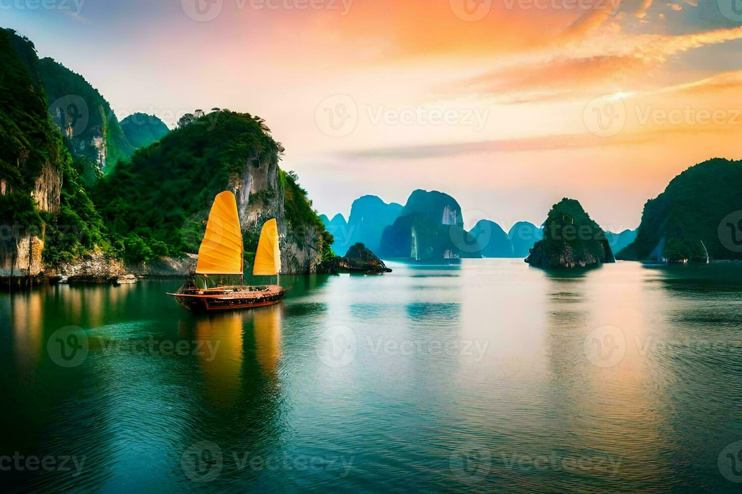 un barco en el agua con montañas en el antecedentes. generado por ai foto