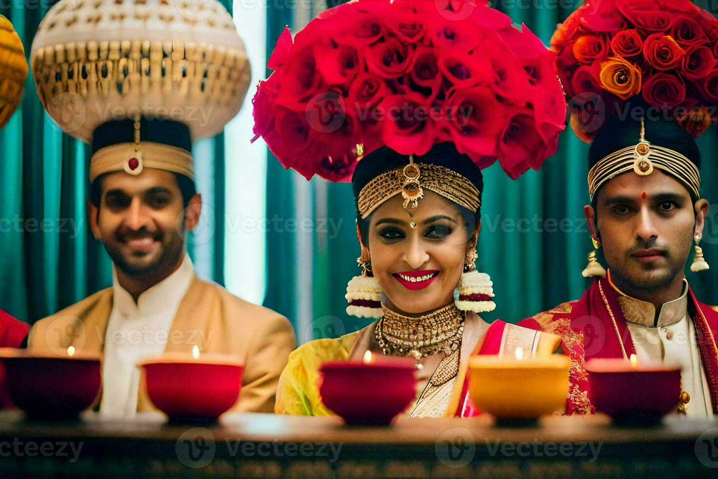 a bride and groom in traditional indian attire. AI-Generated photo