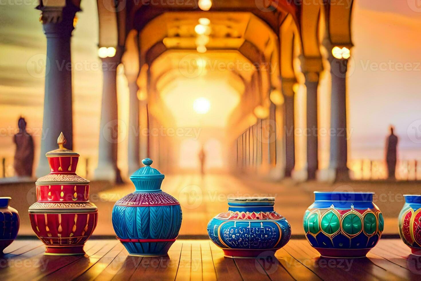 colorful vases lined up on a wooden floor. AI-Generated photo