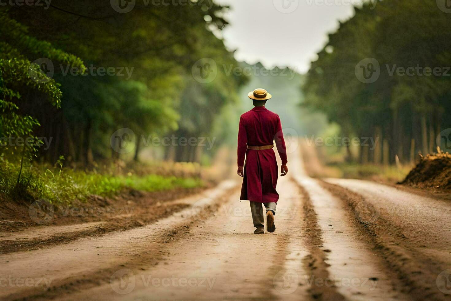 a monk walking down a dirt road. AI-Generated photo