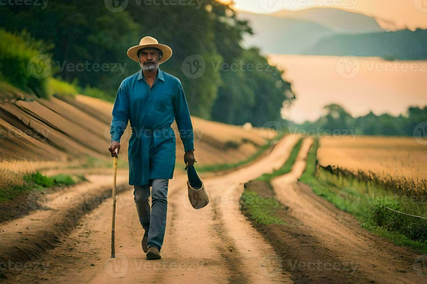 un antiguo hombre caminando abajo un suciedad la carretera con un caña. generado por ai foto