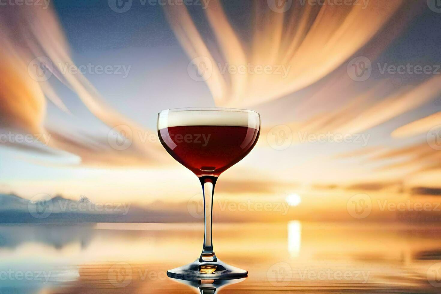 a glass of wine on the beach at sunset. AI-Generated photo