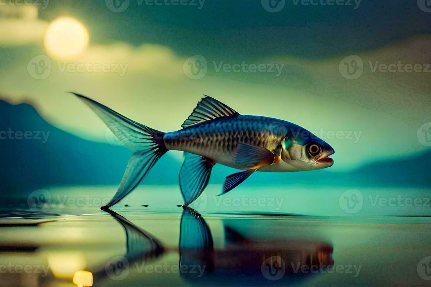 a fish is standing on the water with a full moon in the background. AI-Generated photo