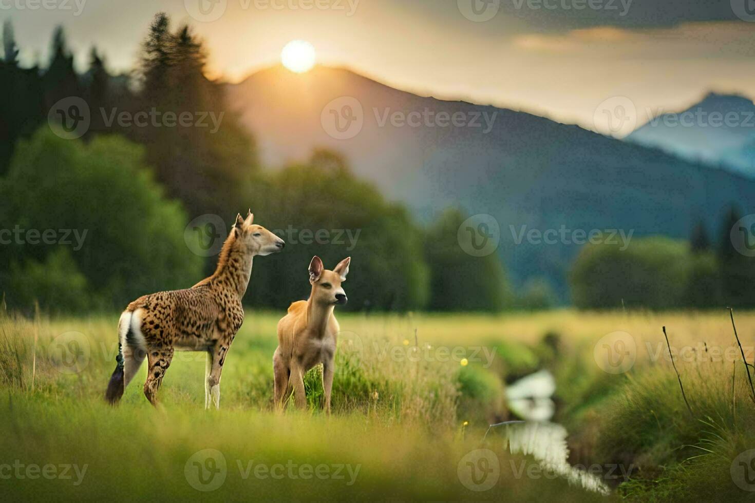 two deer stand in the grass at sunset. AI-Generated photo