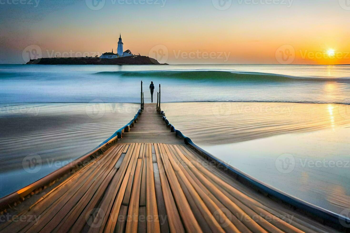 a wooden pier leads to the ocean at sunset. AI-Generated photo
