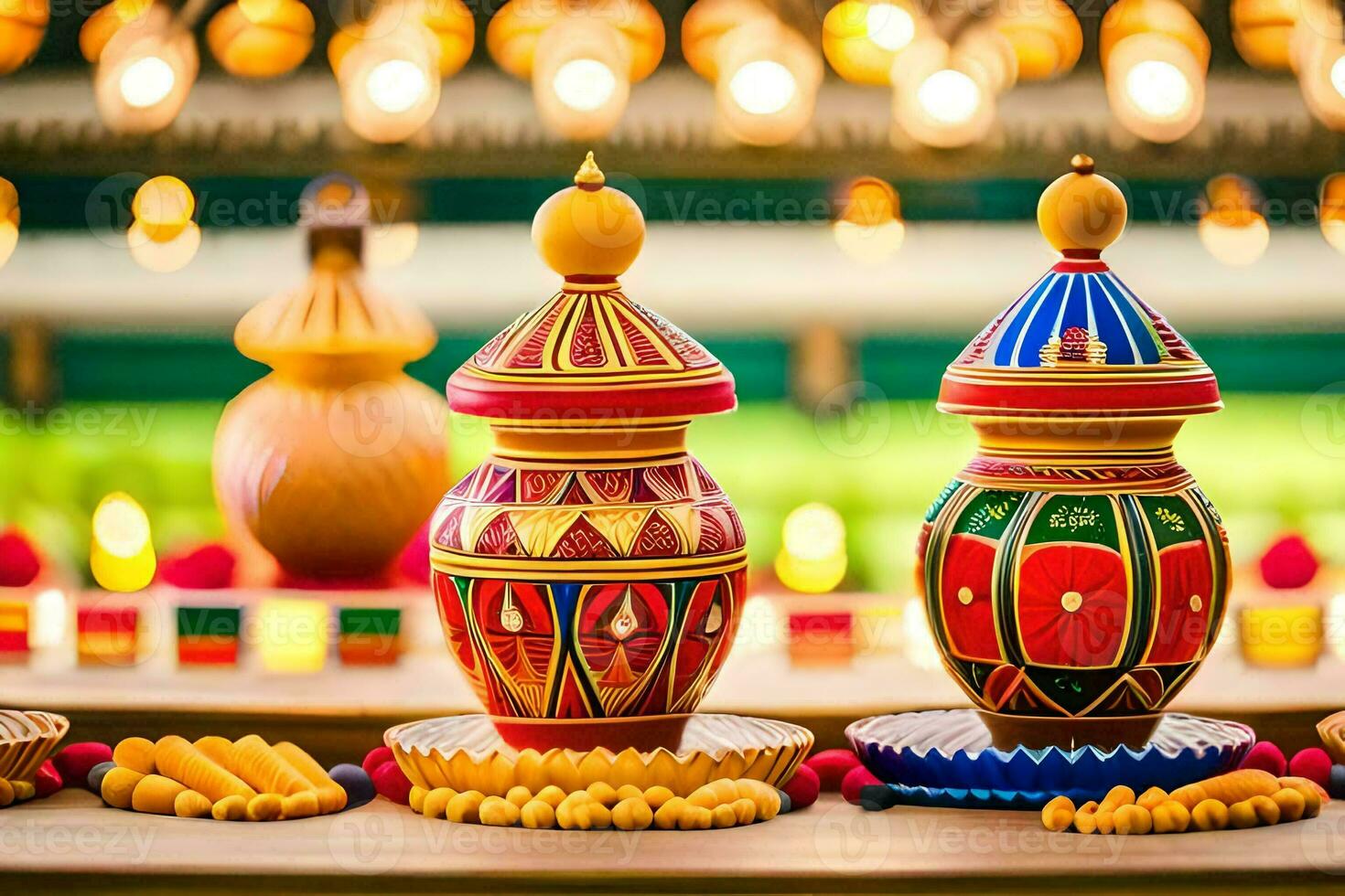 colorful vases and candles on a table. AI-Generated photo