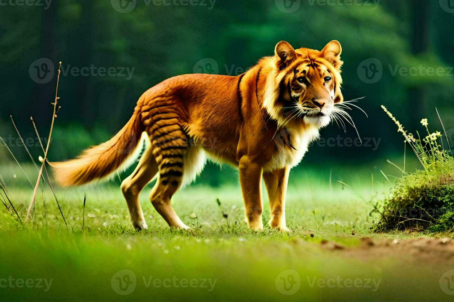 a tiger is walking through a grassy field. AI-Generated photo