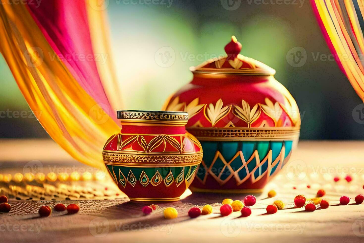 two colorful pots on a table with colorful decorations. AI-Generated photo
