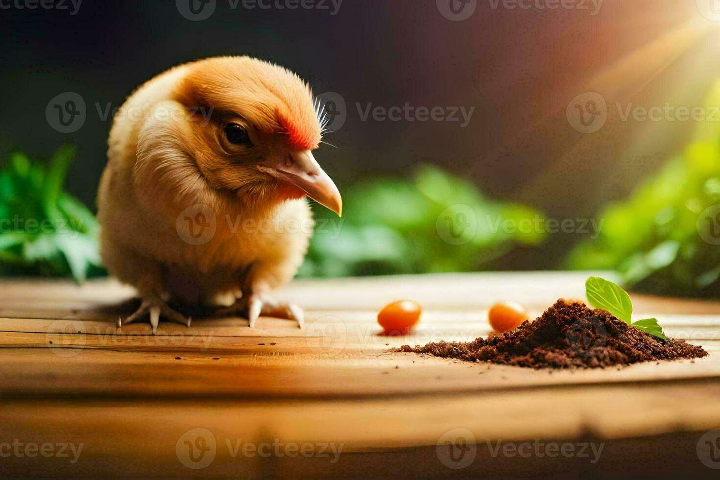a small chicken is standing on a wooden table with some food. AI-Generated photo