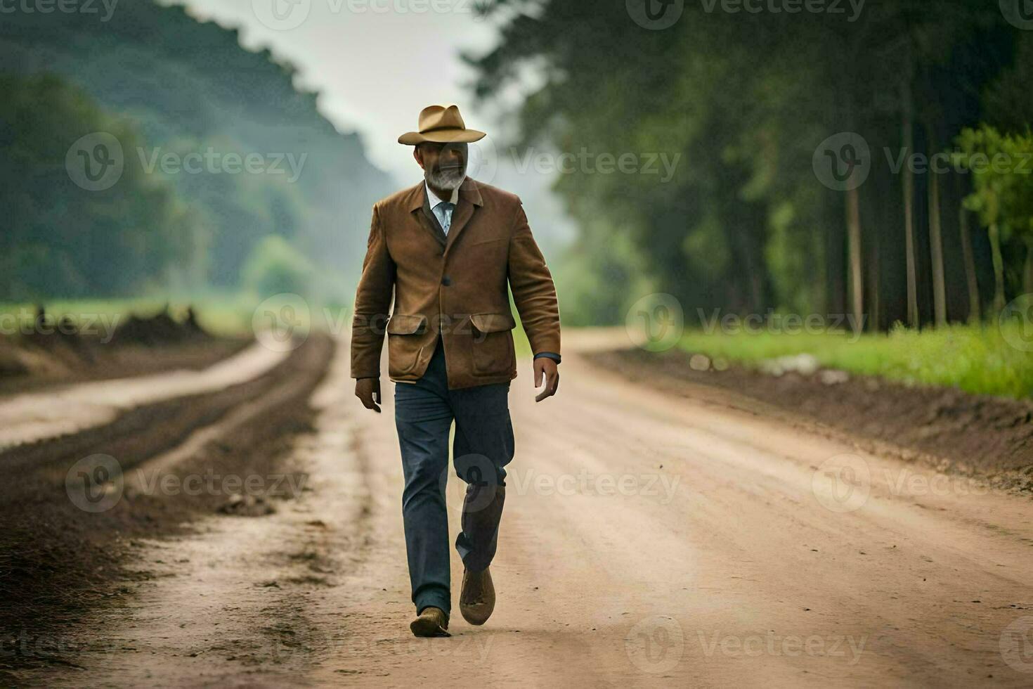 a man in a hat and jacket walking down a dirt road. AI-Generated photo