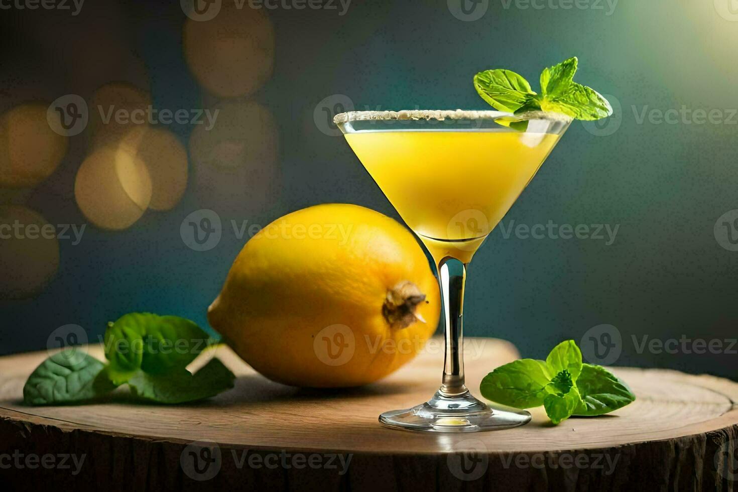 a lemon and lime cocktail with mint leaves on a wooden table. AI-Generated photo