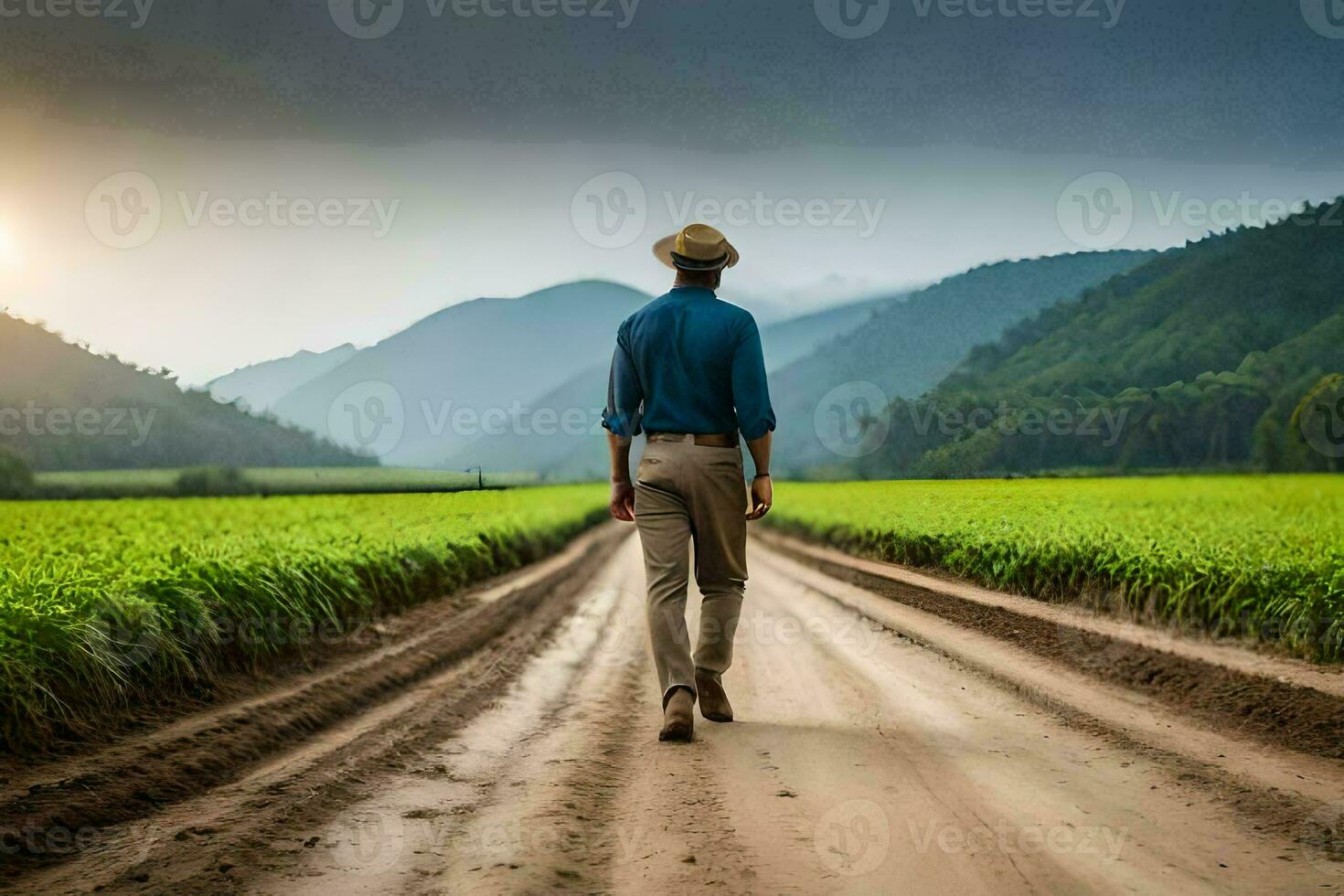a man walking down a dirt road in a field. AI-Generated photo