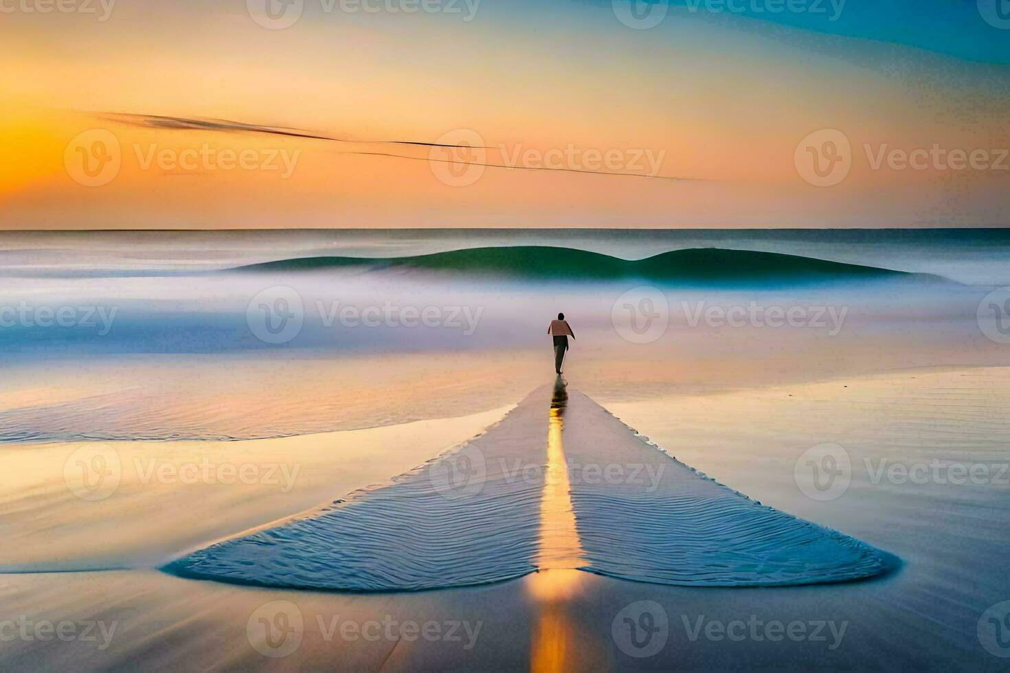 un hombre soportes en el playa a puesta de sol. generado por ai foto