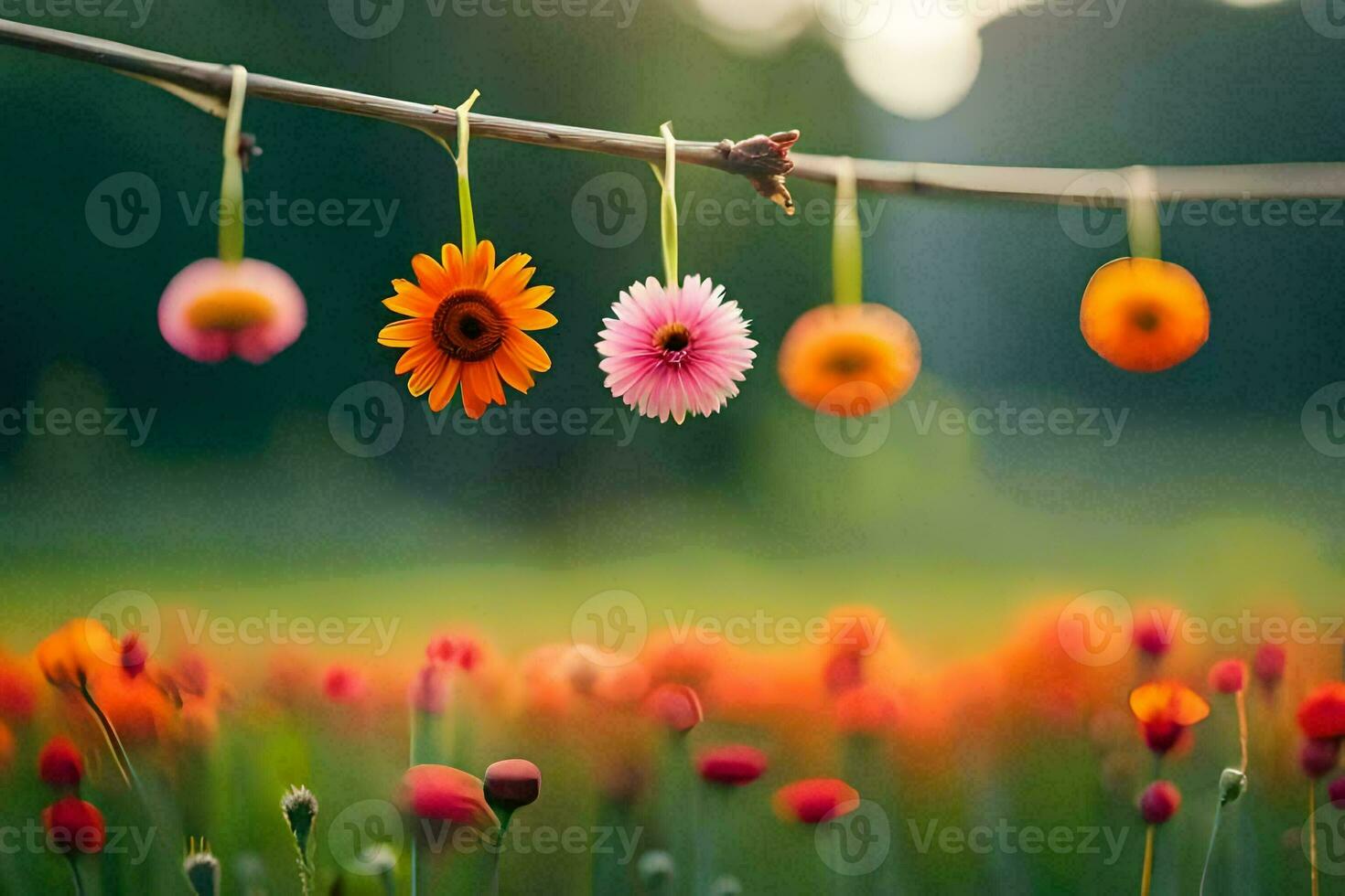 colorful flowers hanging from a branch in a field. AI-Generated photo