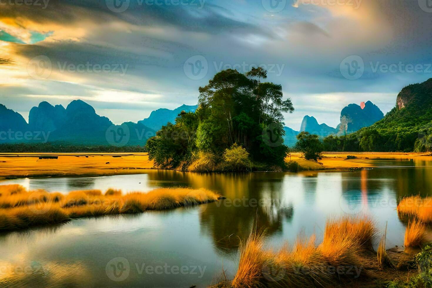 the landscape of a river and mountains at sunset. AI-Generated photo