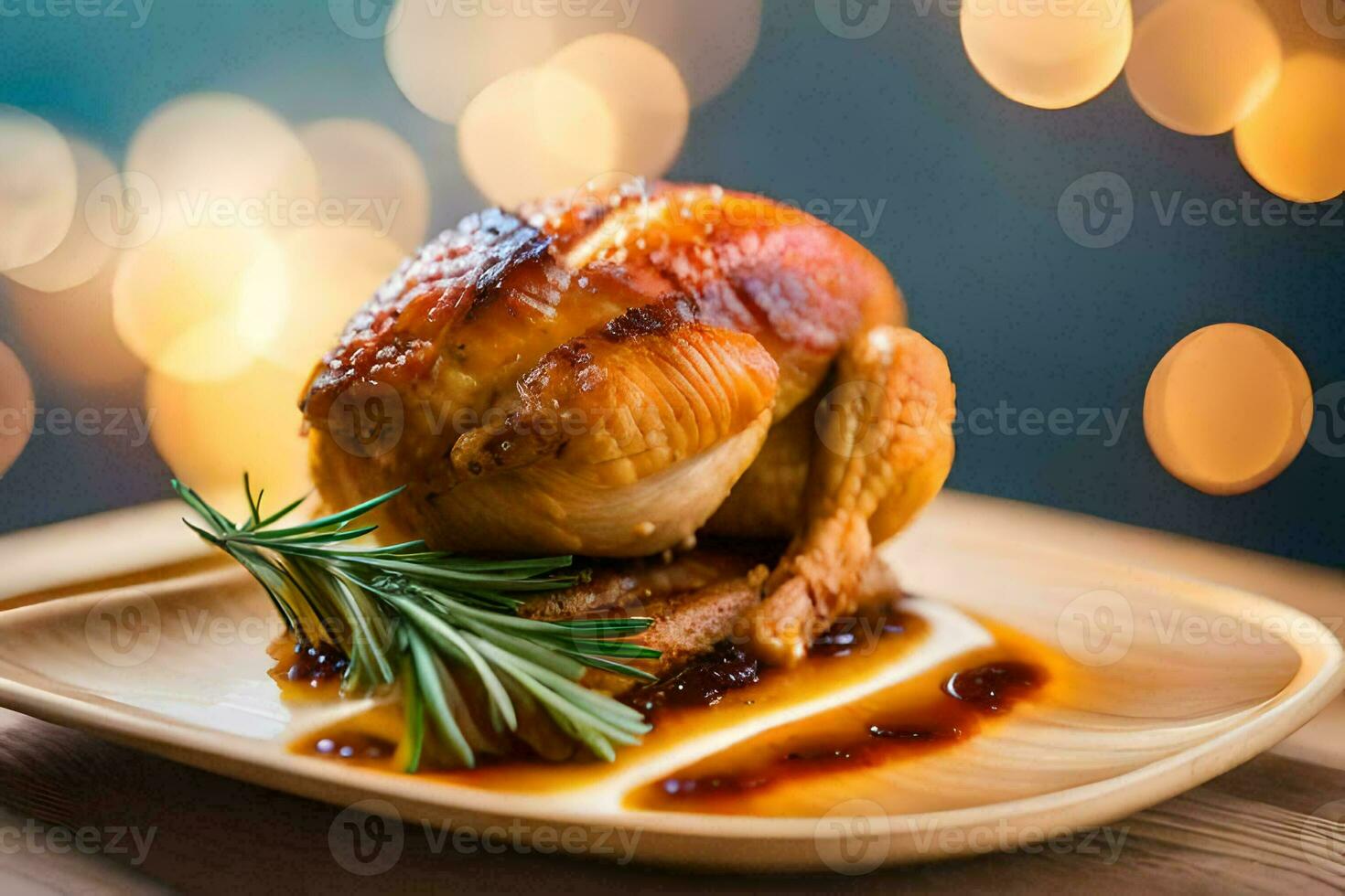 a roasted chicken on a plate with sauce and rosemary. AI-Generated photo