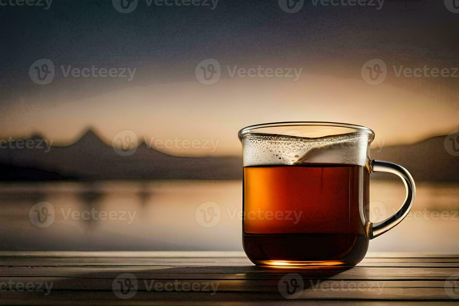 a cup of tea sits on a wooden table in front of a lake. AI-Generated photo