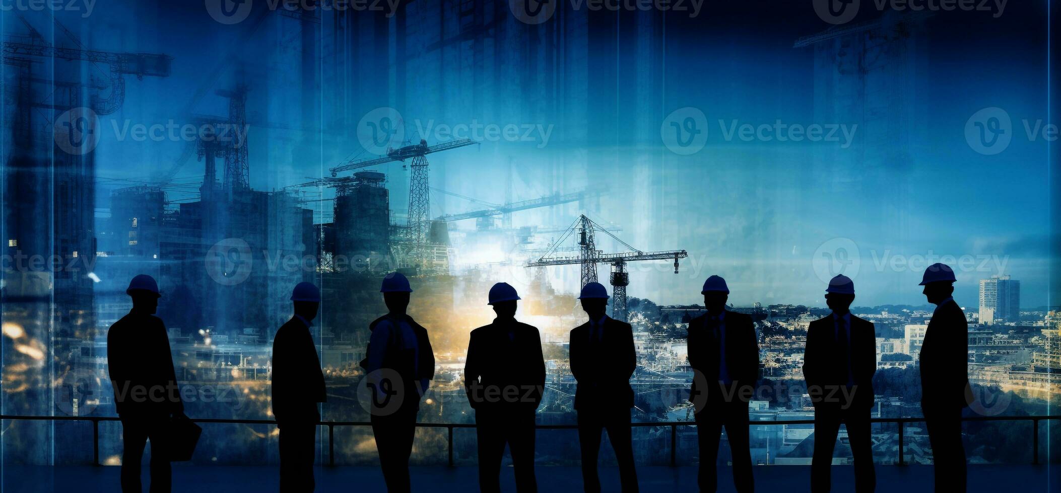 Team engineer building construction project with construction worker working with modern civil equipment technology, double exposure graphic design. AI Generated photo