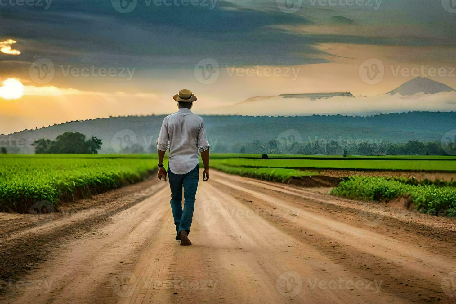 a man walking down a dirt road in front of a green field. AI-Generated photo