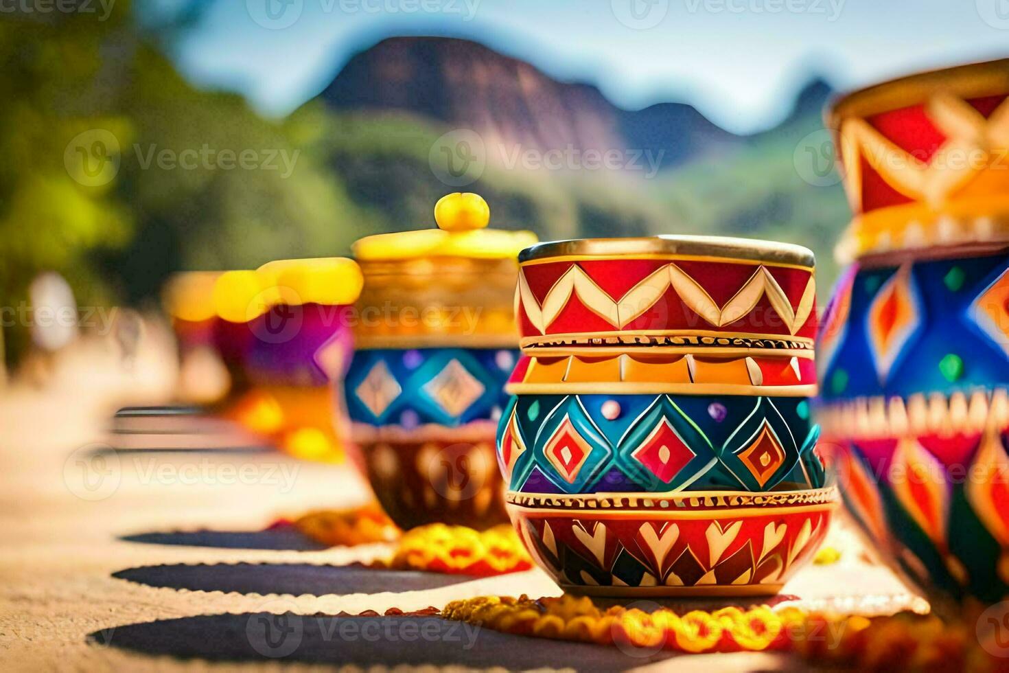 colorful pots lined up on a road. AI-Generated photo