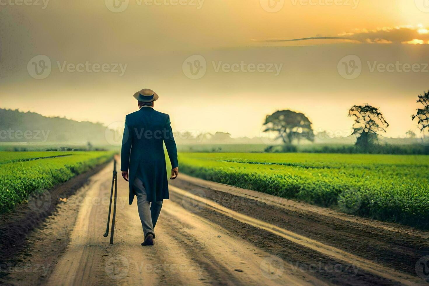 a man walking down a dirt road with cane. AI-Generated photo