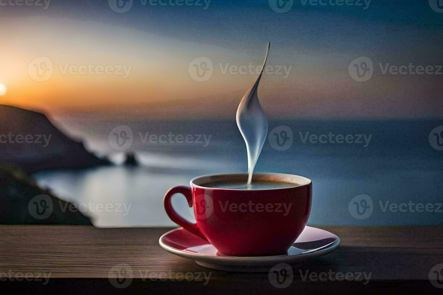 a cup of coffee on a wooden table with a view of the sea. AI-Generated photo