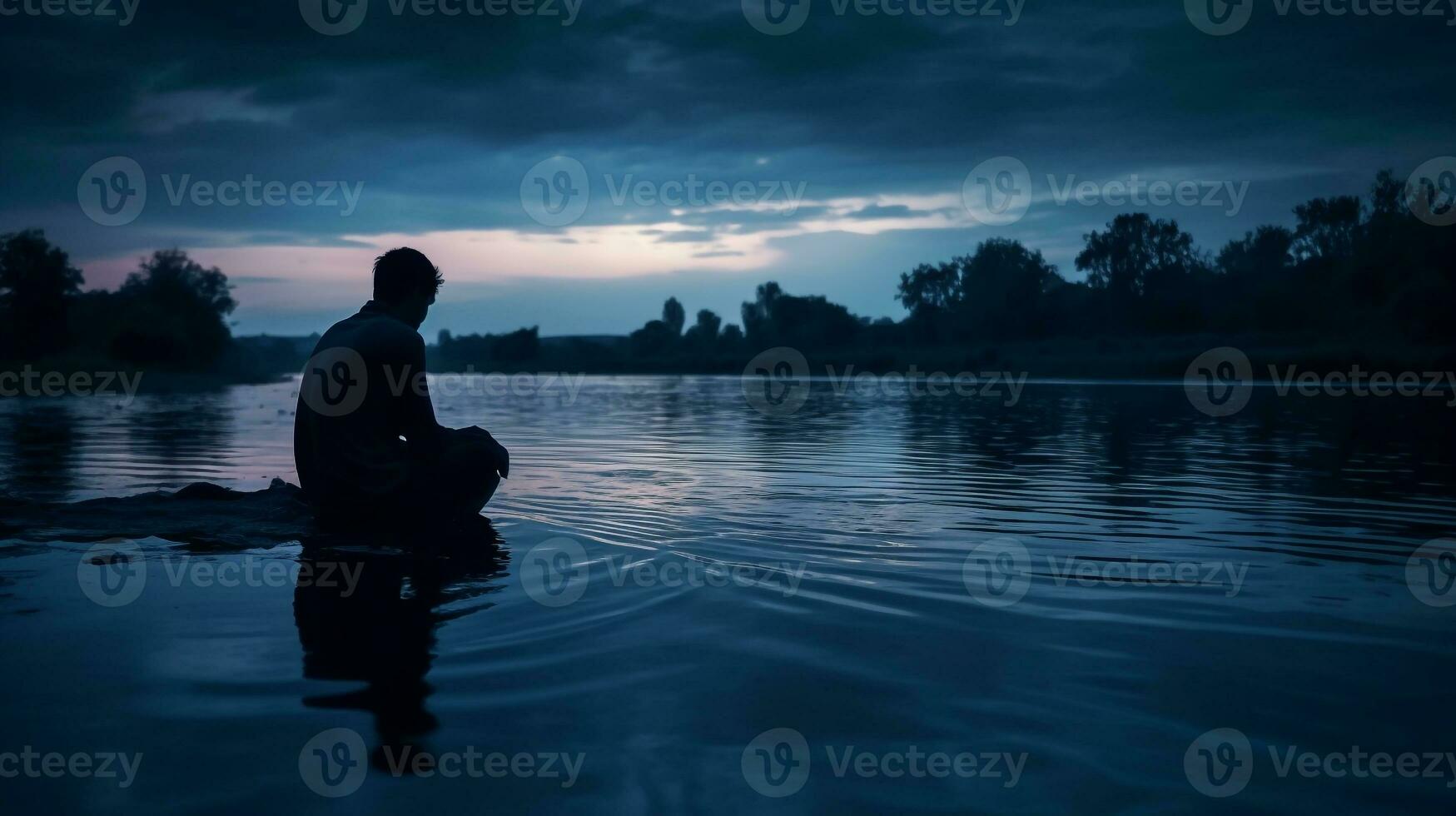 Silhouette of lonely men full of sadness, and depression on a riverside. AI Generated photo