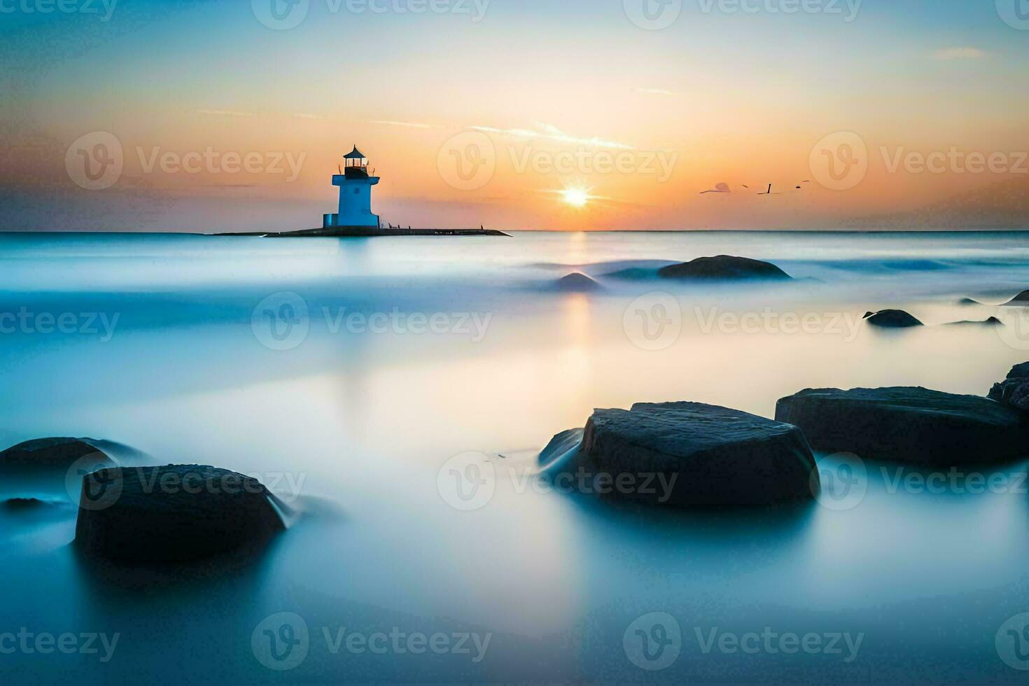 a lighthouse stands in the ocean at sunset. AI-Generated photo