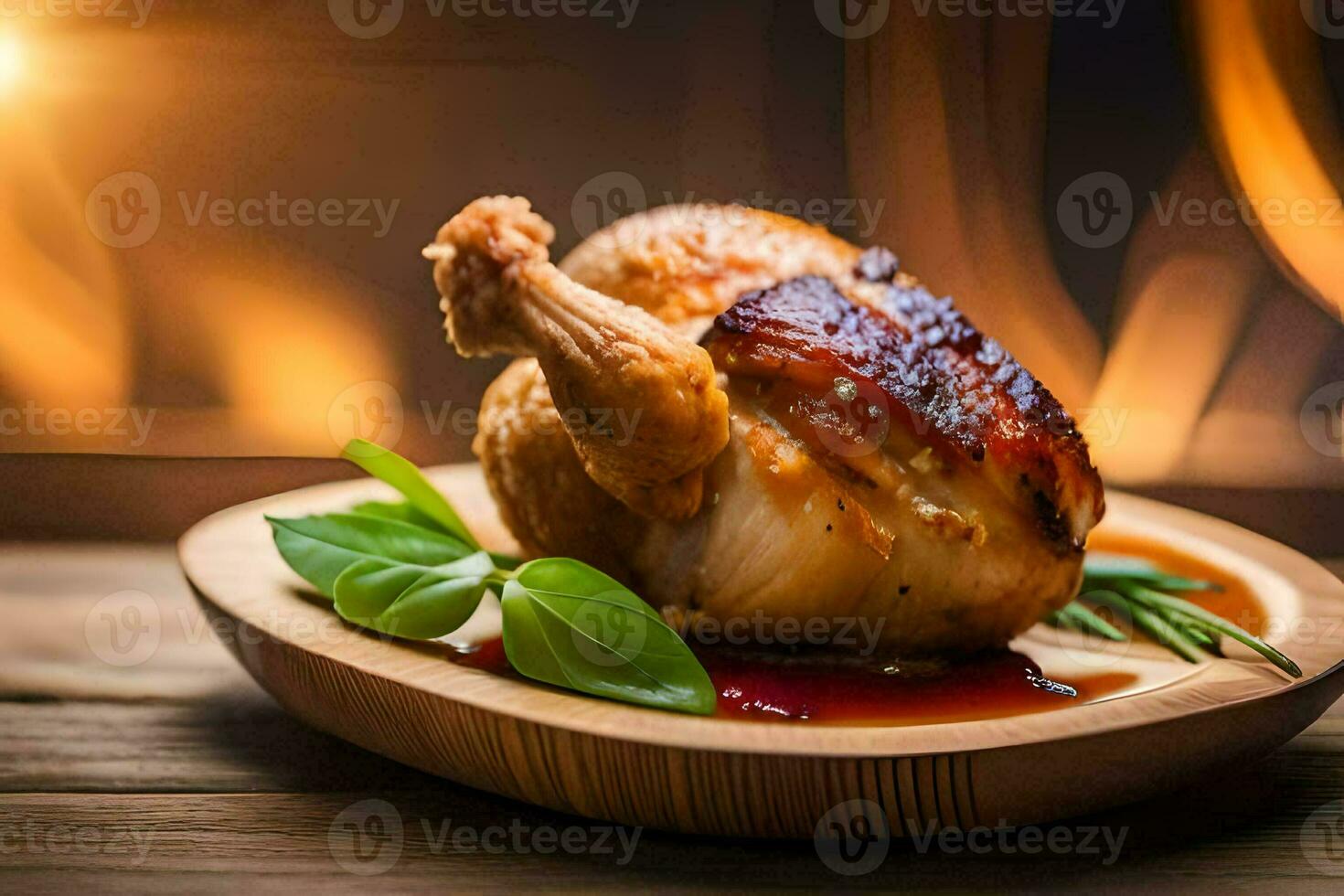 a roasted chicken on a wooden plate with herbs. AI-Generated photo