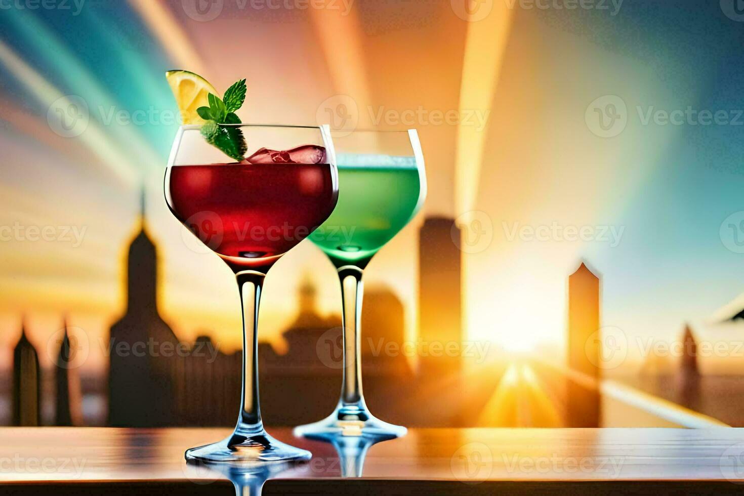 two glasses of cocktails with sunset in the background. AI-Generated photo