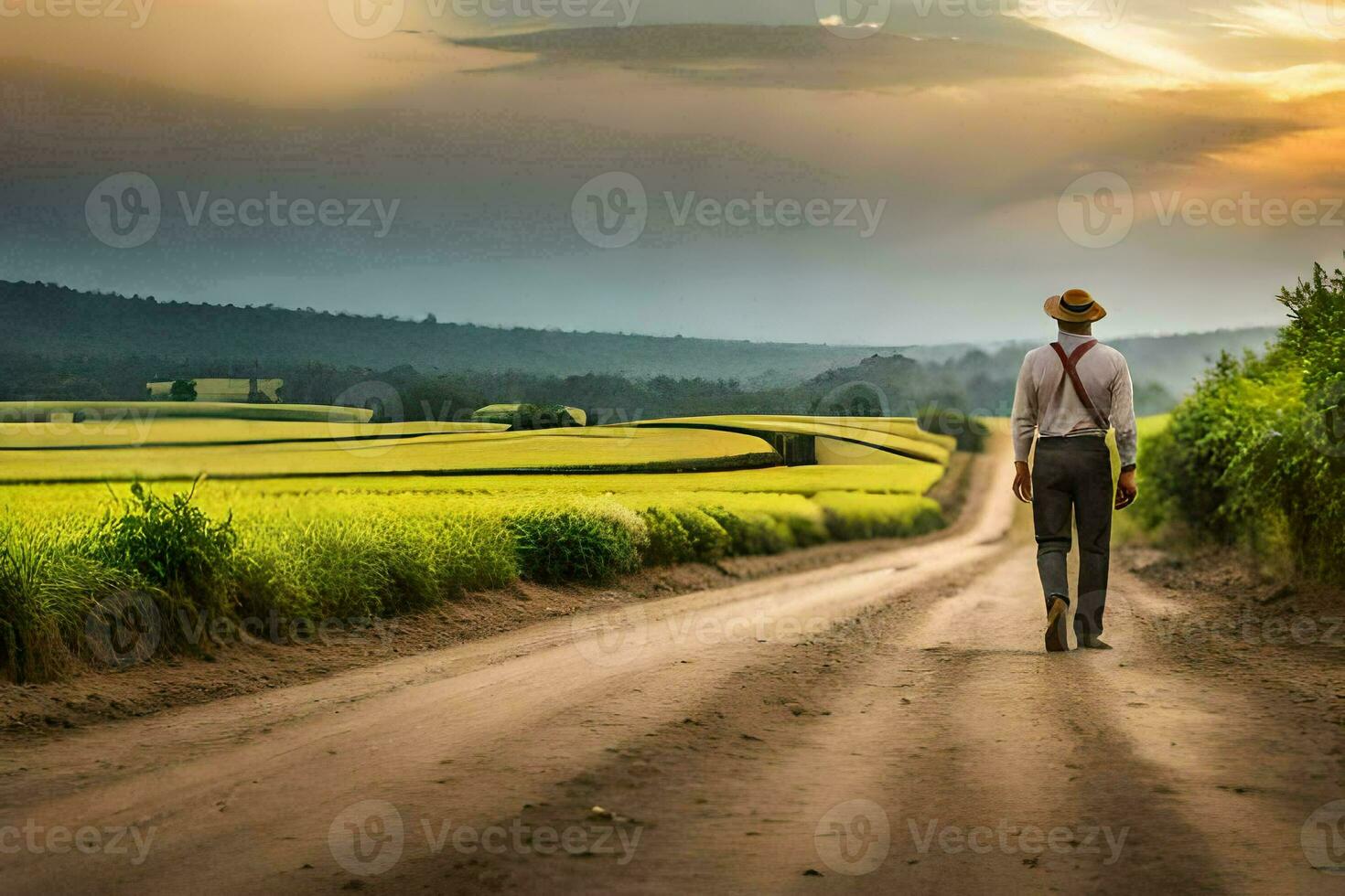 a man walking down a dirt road in front of a field. AI-Generated photo