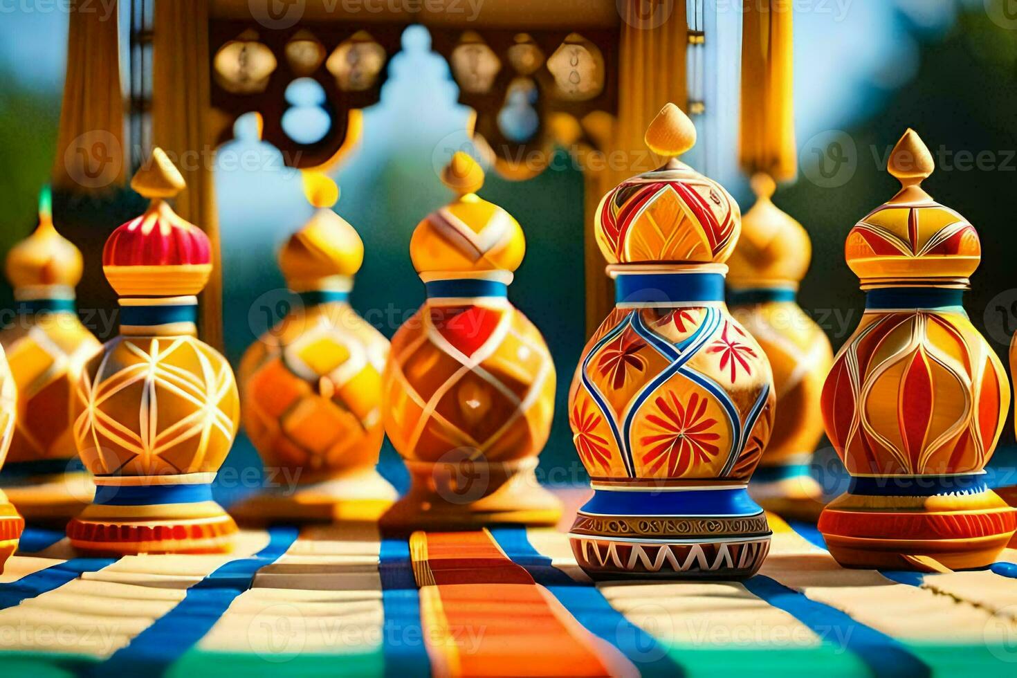 colorful chess pieces on a table. AI-Generated photo