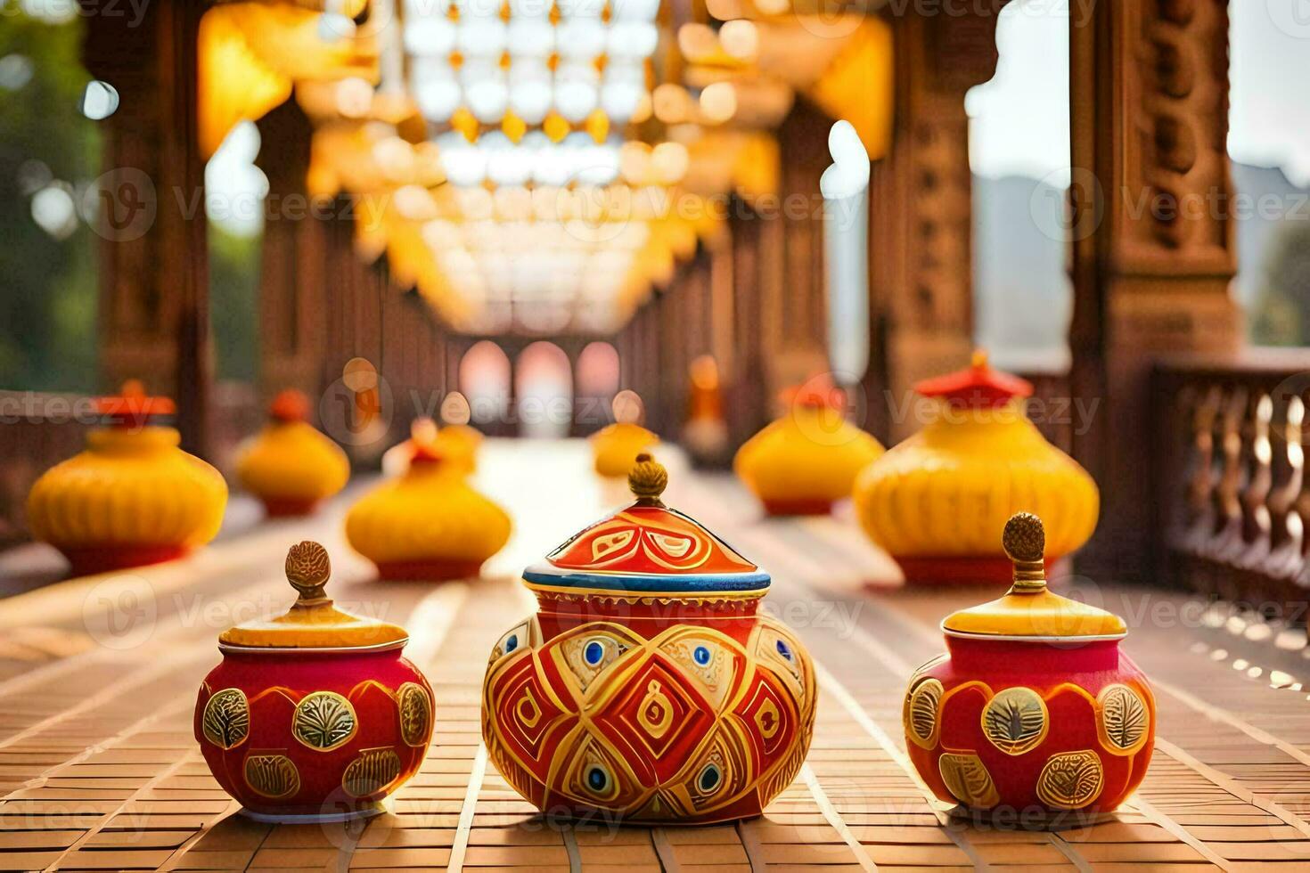 colorful pots on a bridge. AI-Generated photo