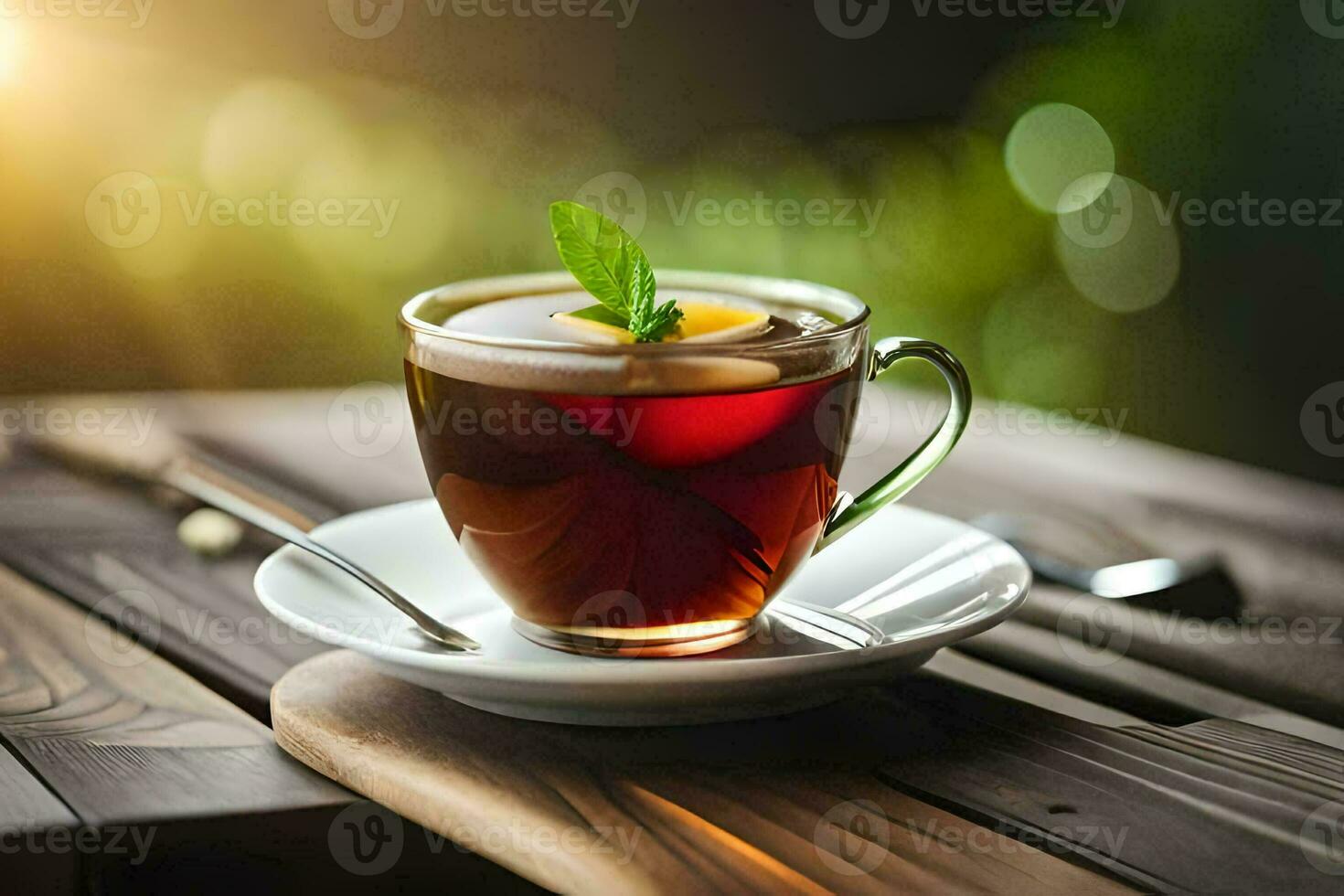 a cup of tea with mint leaves on a wooden table. AI-Generated photo