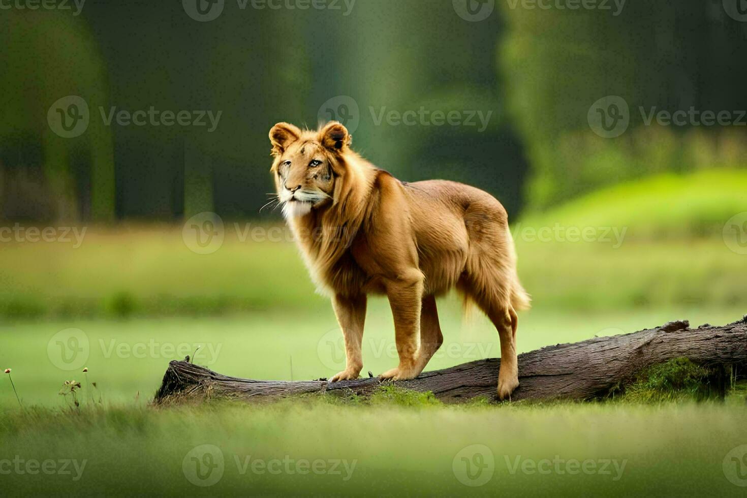 un león en pie en un Iniciar sesión en un campo. generado por ai foto